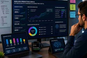 Profesional analizando datos predictivos con IA para optimizar campañas de marketing digital