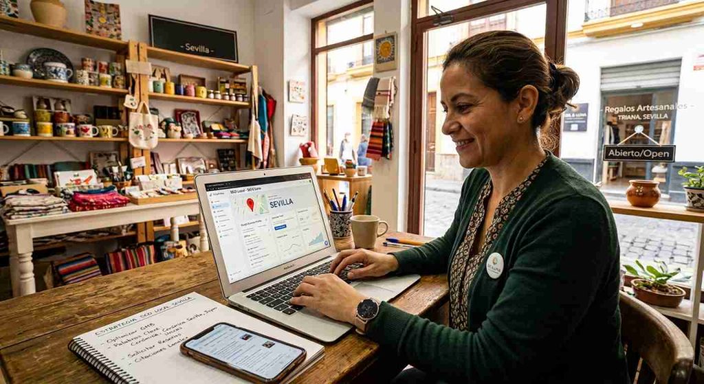 Propietaria de una pequeña empresa mejorando su posicionamiento SEO local