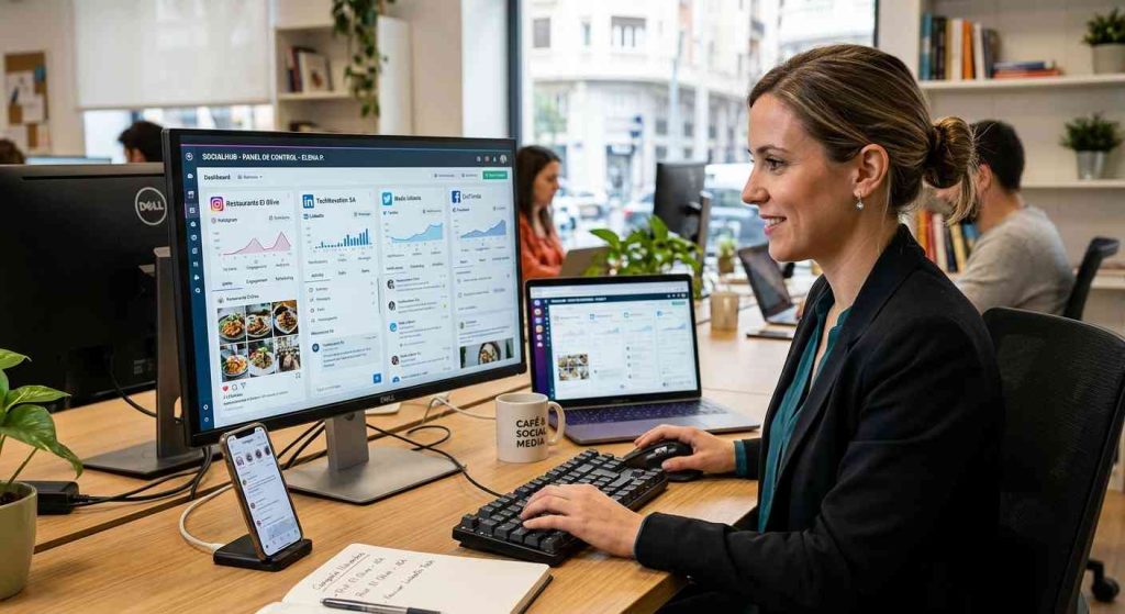 Profesional gestionando varias cuentas de redes sociales desde una única plataforma