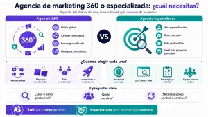 Comparación visual entre una agencia de marketing 360 y una especializada