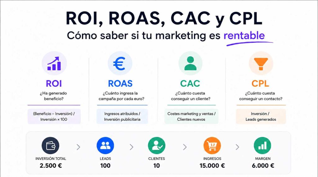 Fórmulas de ROI, ROAS, CAC y CPL en marketing digital